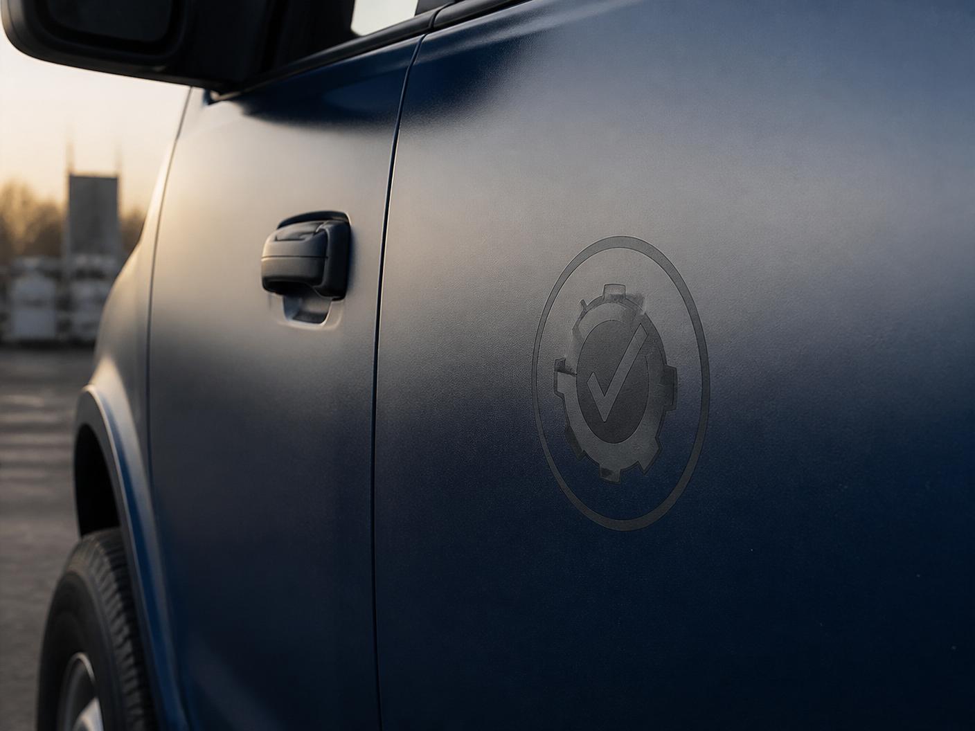 Integrity Standard certification decal on the door of a contractor's work truck