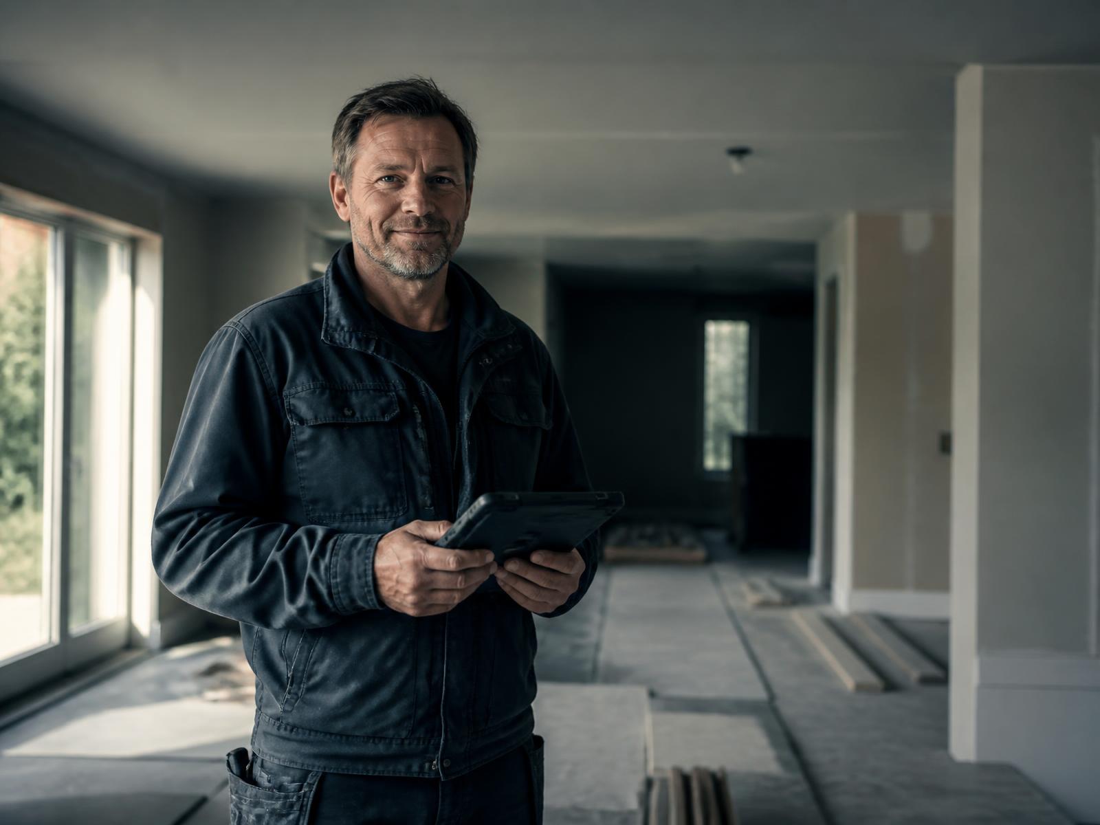 Professional tradesman reviewing job details on a tablet inside a home under renovation